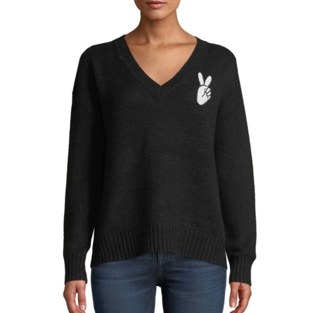 Skull Cashmere Black Wool Peace Sign Embroidery Sweater Small Gothic Boho Luxury